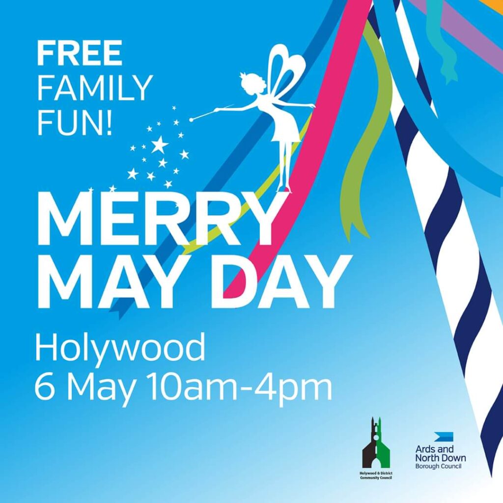 Merry May Day promotional image. White text on a light blue background with a stylised maypole and council logos
