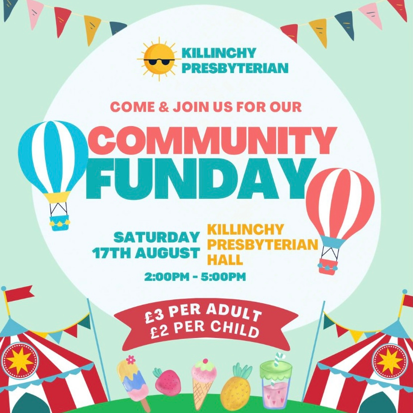 poster forKillinchy community fun day featuring summer images such as Marquees, hot air balloons and icecream cones 