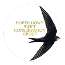 Logo of North Down Swift Conservation Group featuring a drawing of a swift with Gold text in a white circle