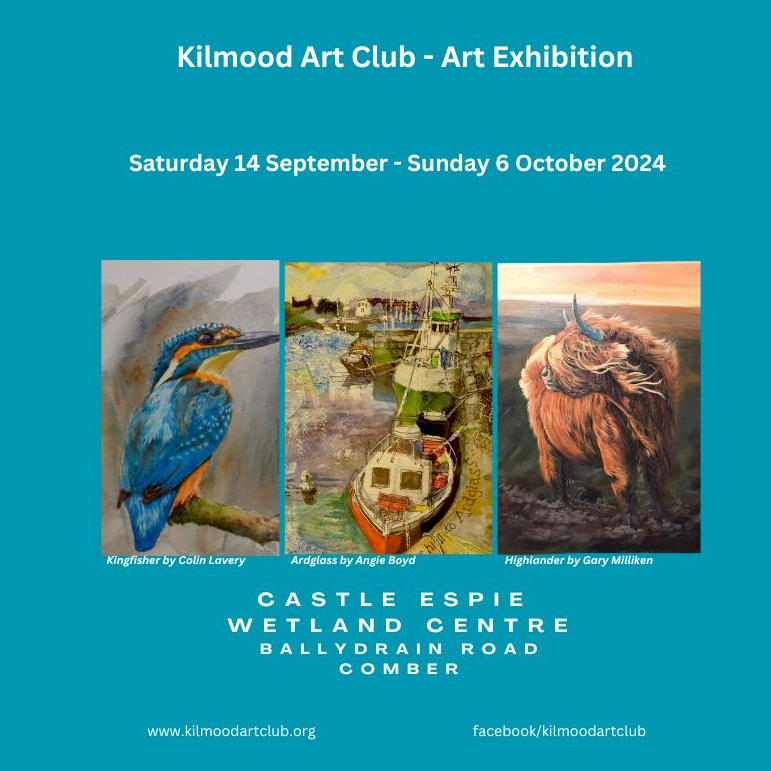 blue square with 3 images of paintings of a kingfisher, boats and a highland cow. white text reads kilmood Art Club - Art Exhibition