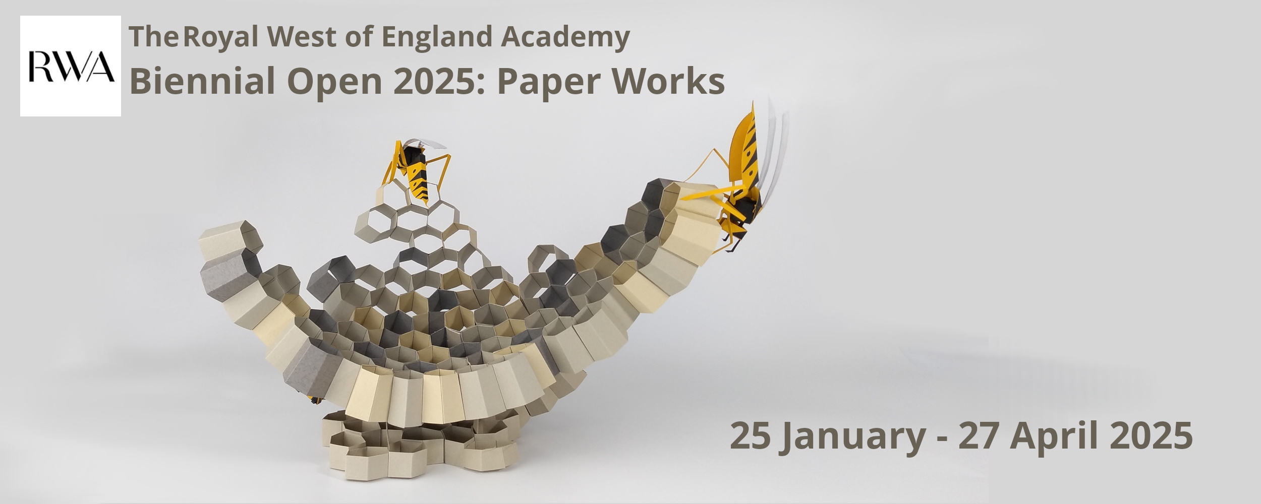 banner image showing a paper wasp nest sculpture on a white background with Text detailing the exhibition title and dates